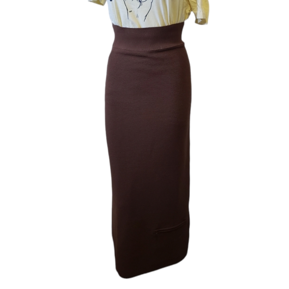 Animale small brown wool blend ribbed bodycon maxi skirt w ankle zipper Pocket